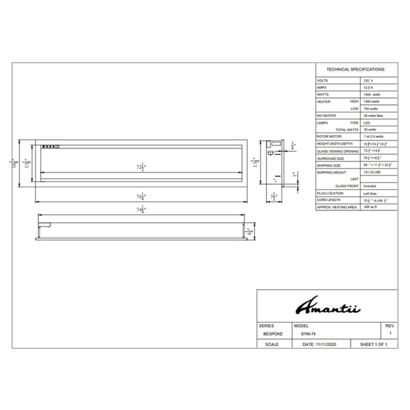 Amantii 74" BESPOKE Symmetry Smart Indoor | Outdoor Electric Fireplace