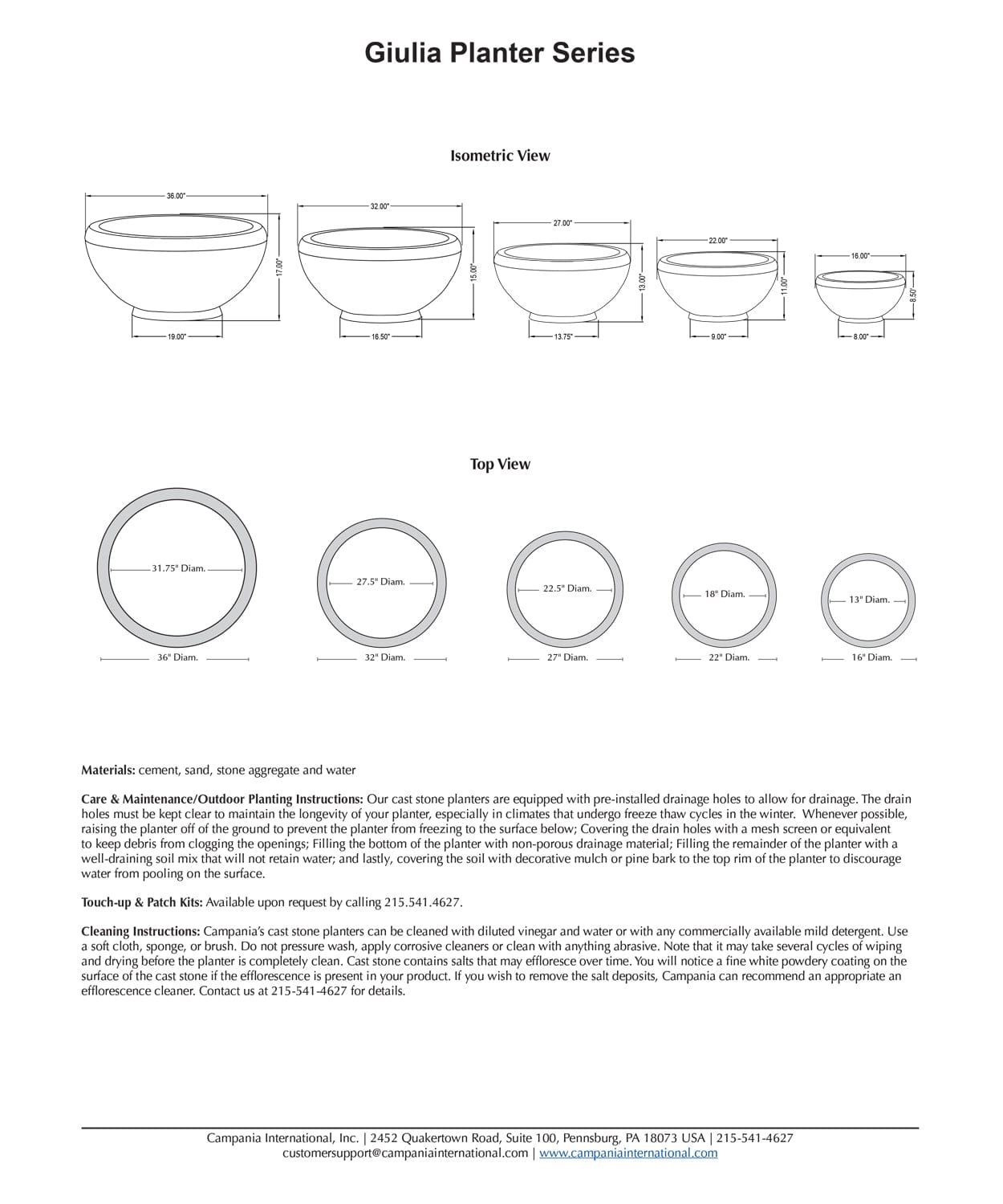 Giulia Garden Planter Series Specs
