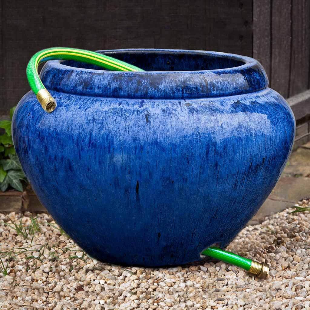 Glazed Terra Cotta Outdoor Hose Pot with Lip in Riviera Blue