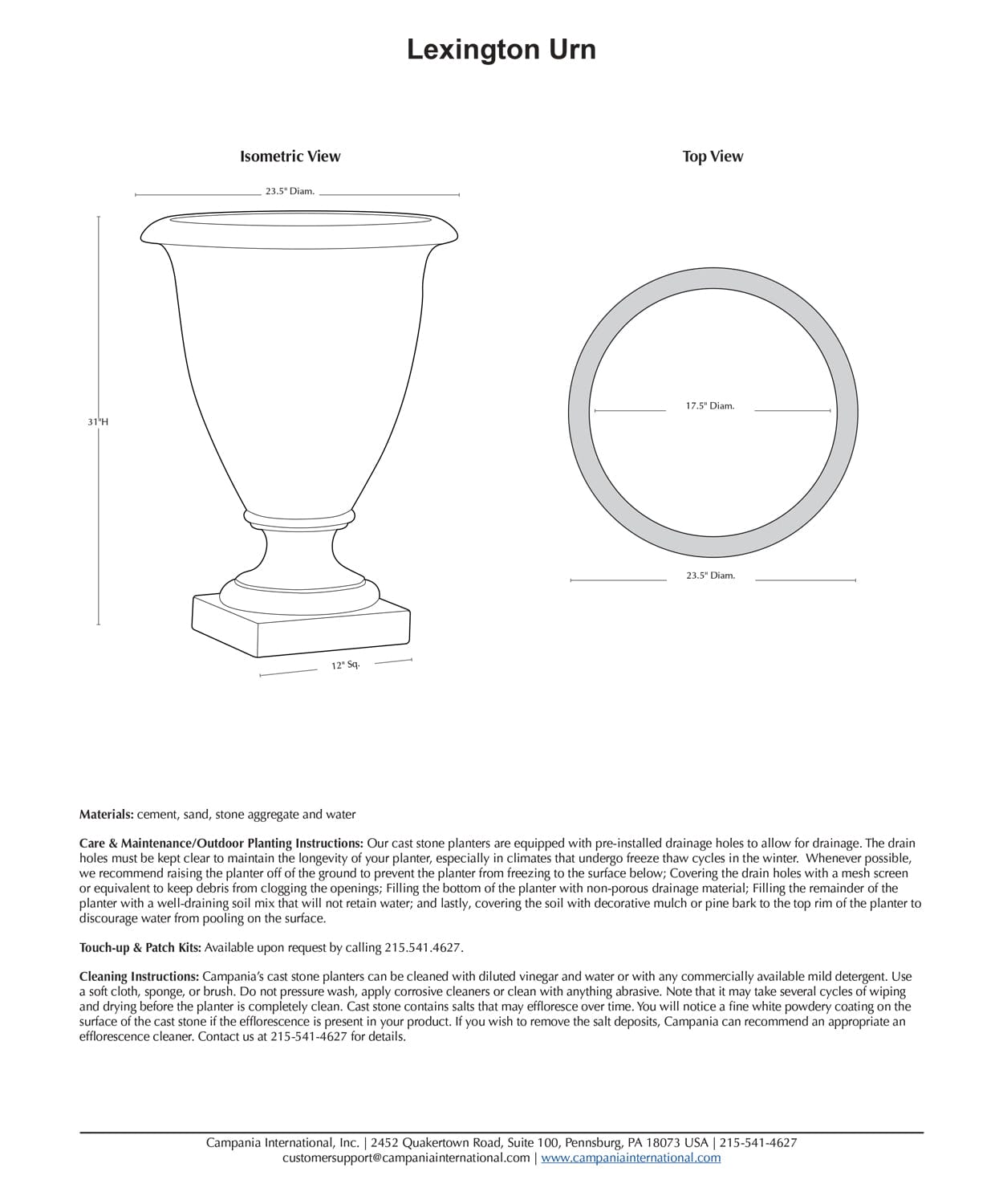 Lexington Urn | Cast Stone Planter Specs