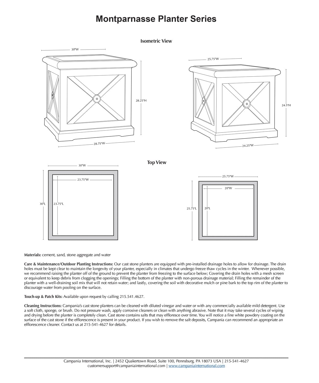 Montparnasse Square Planter Specs