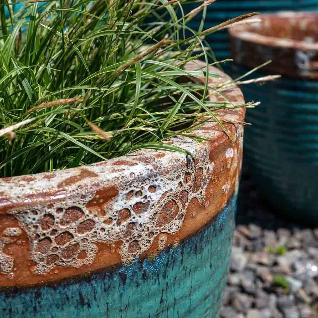 Nevis Glazed Terra Cotta Planter - Nested Set of 4 in Beach Comber Aqua Finish