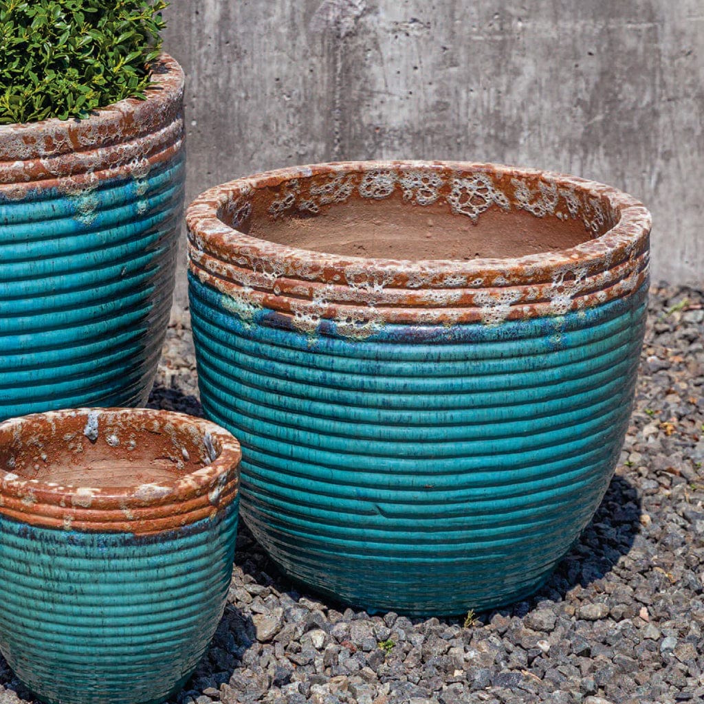 Nevis Glazed Terra Cotta Planter - Nested Set of 4 in Beach Comber Aqua Finish