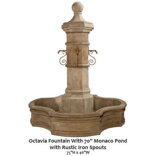 Octavia Fountain With 70" Monaco Pond with Rustic Iron Spouts
