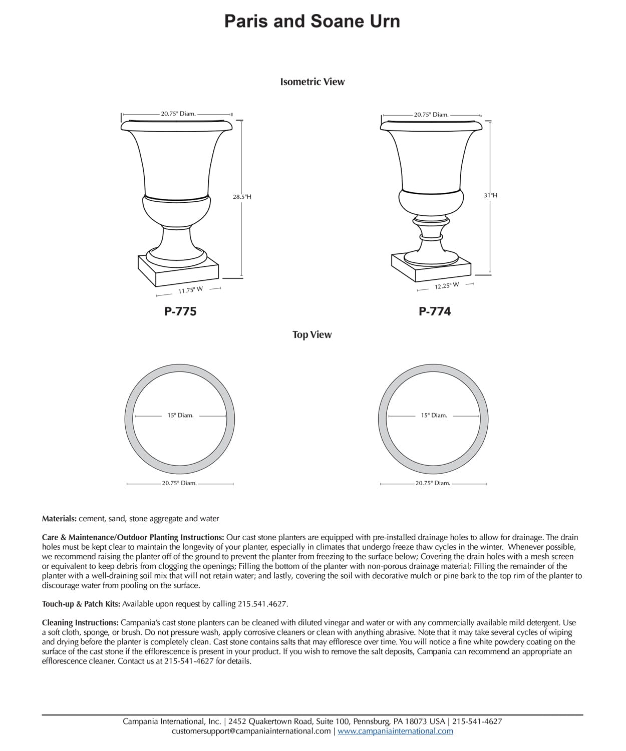 Paris and Soane Urn | Cast Stone Planter Specs