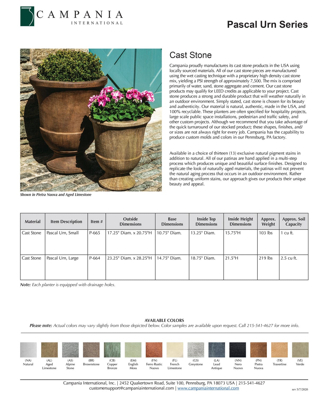 Pascal Urn Garden Planter Specs