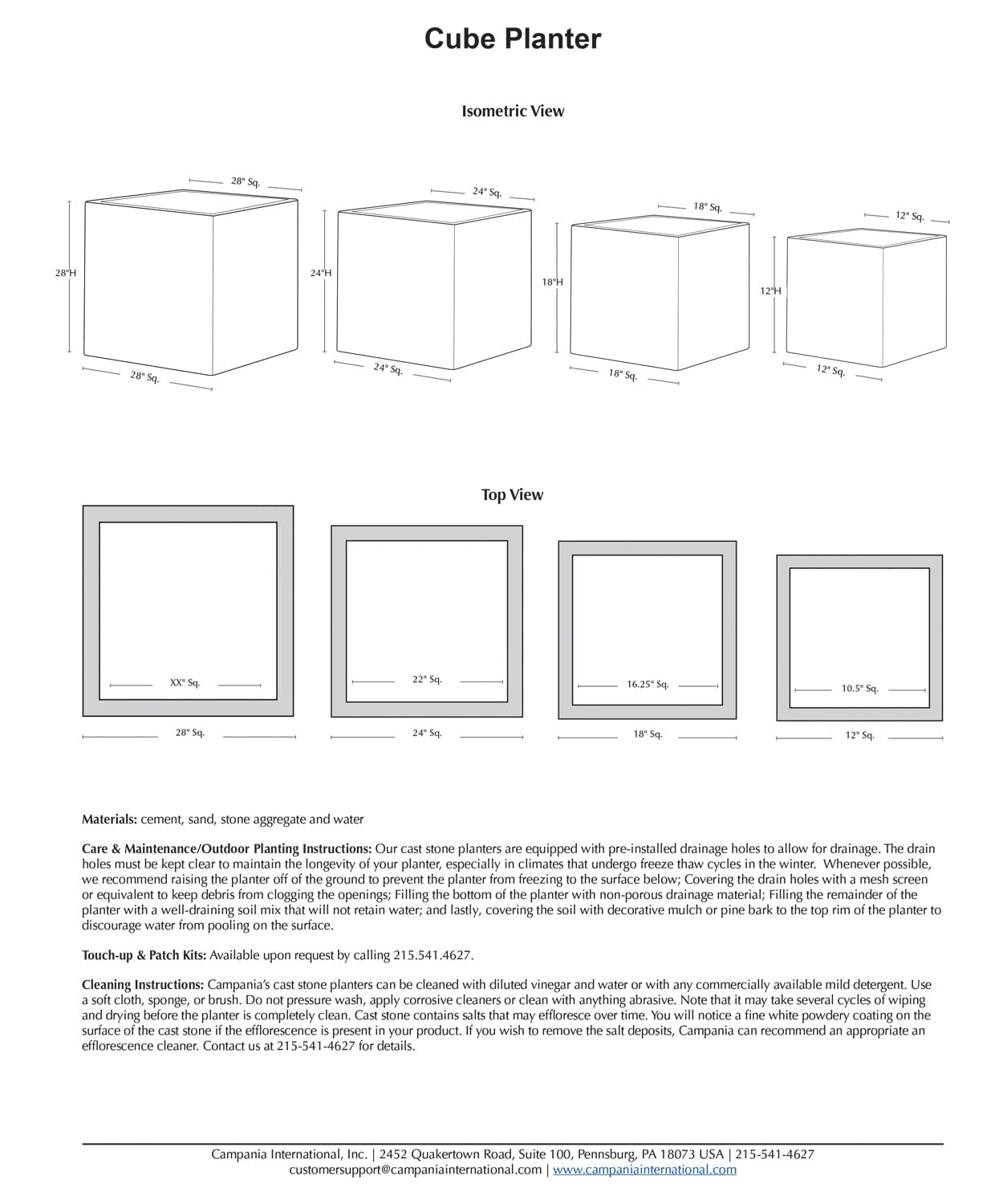Cube Cast Stone Planter Specs