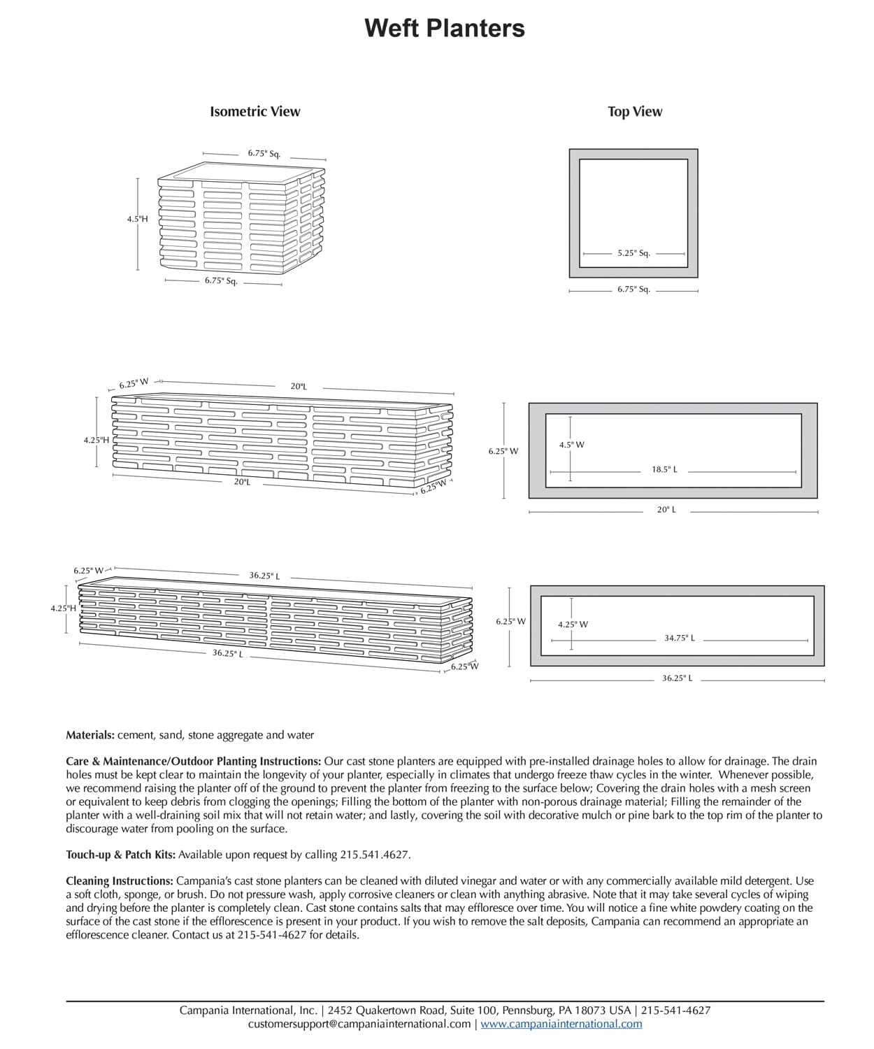 Weft Long Cast Stone Planter Specs