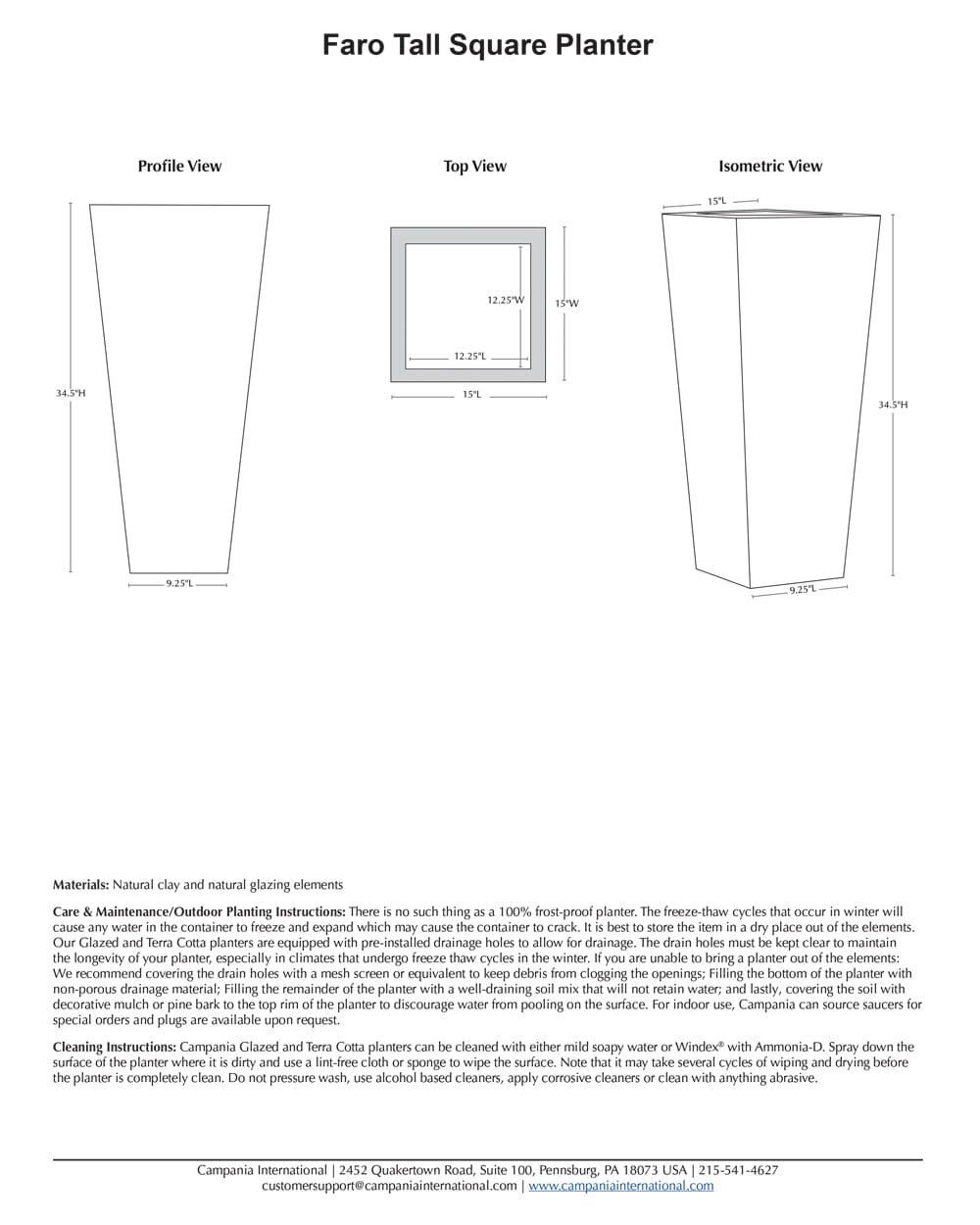 Faro Tall Square Planter | Glazed Collection