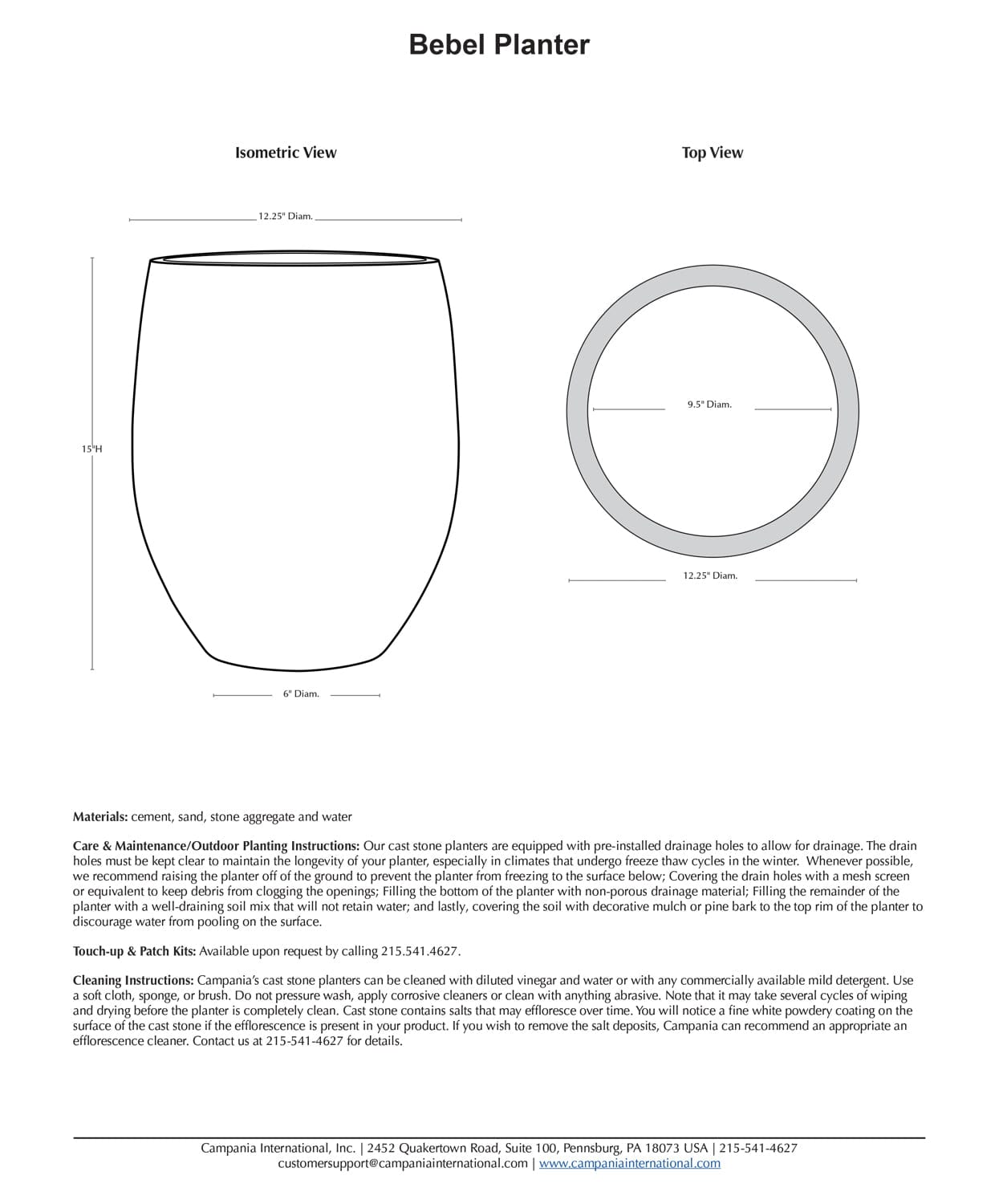 Bebel Cast Stone Planter Specs