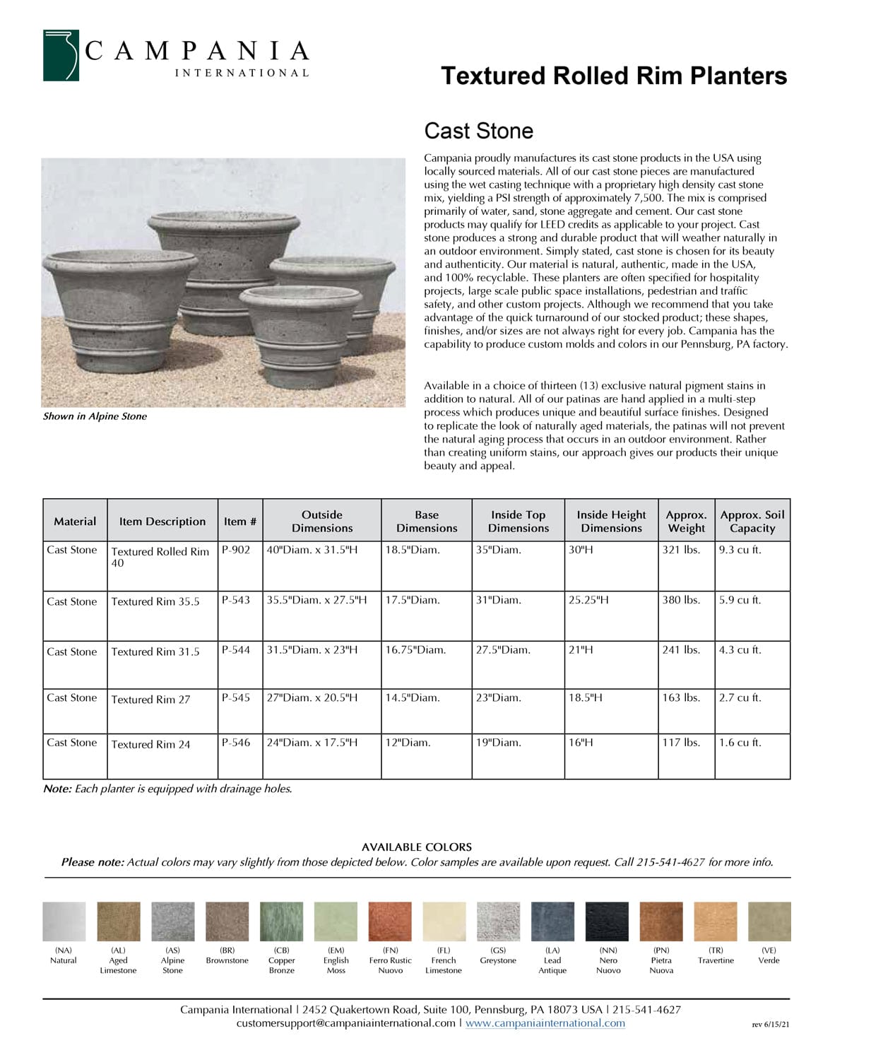 Textured Rolled Rim Cast Stone Concrete Planter Specs