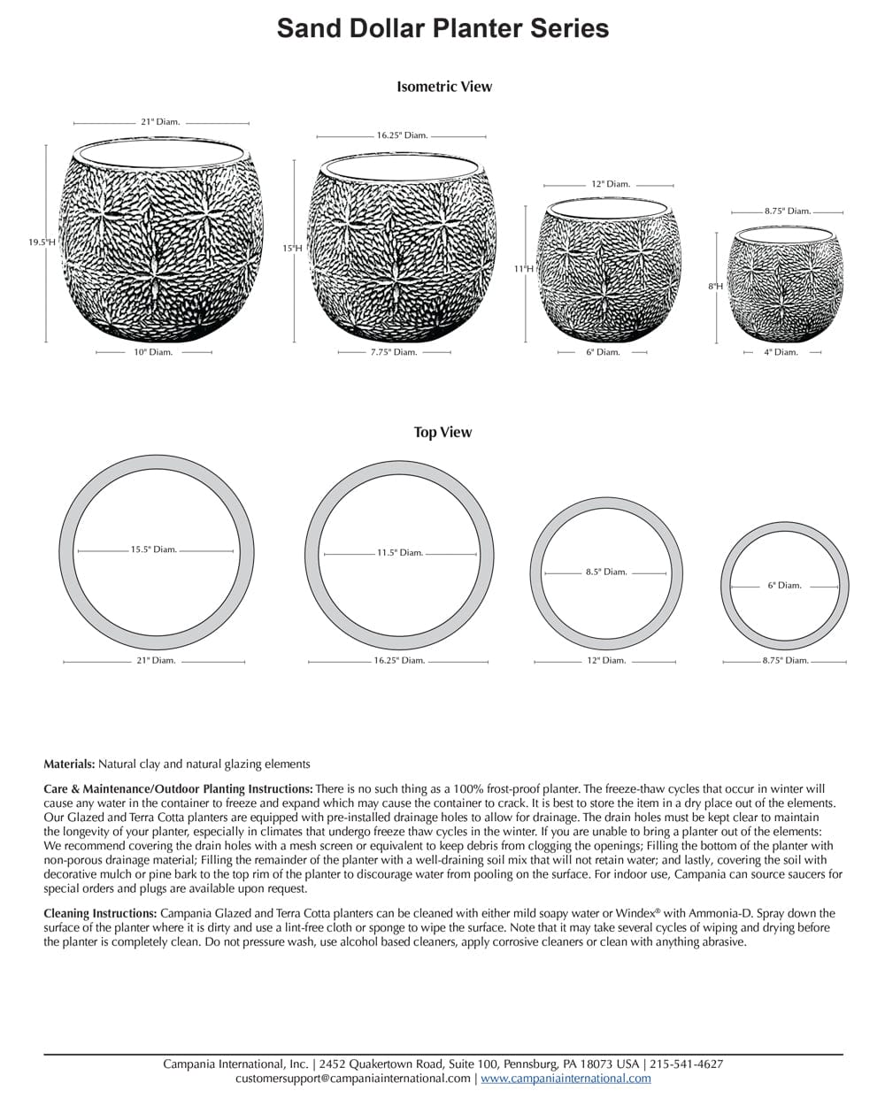 Sand Dollar Glazed Terra Cotta Planter Set of 4 Specs
