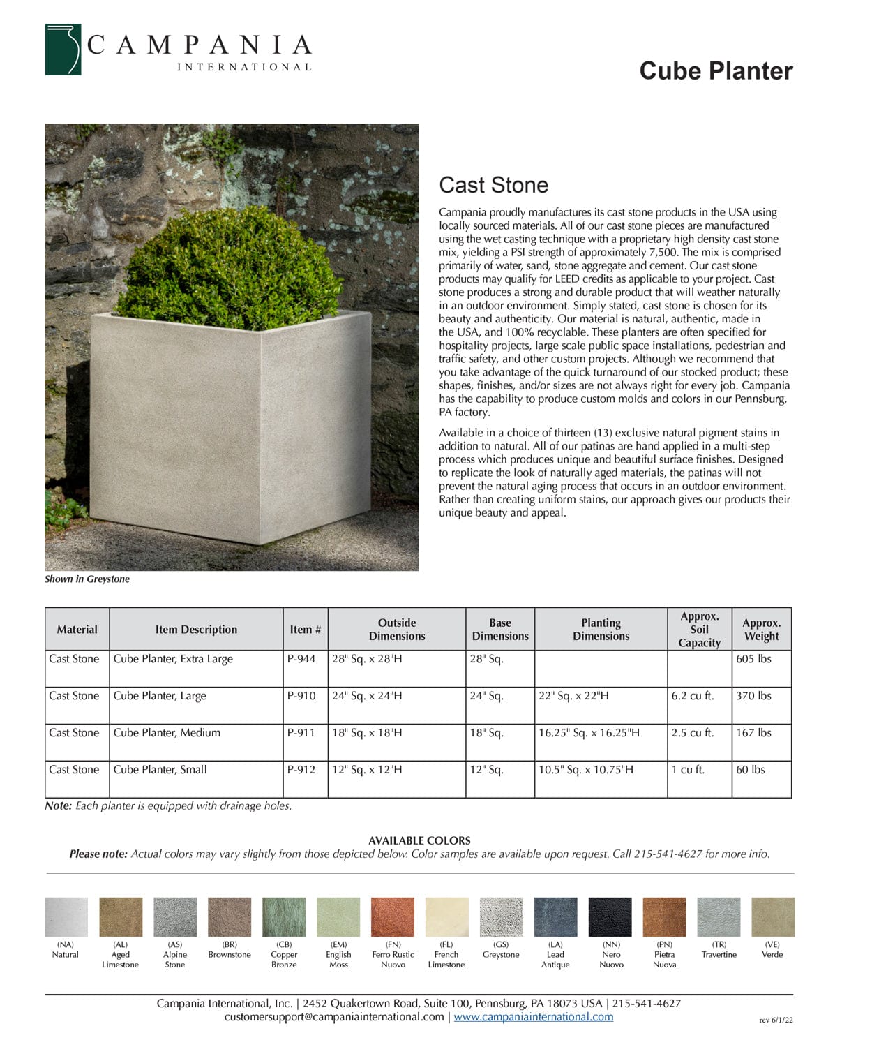 Cube Cast Stone Planter Specs