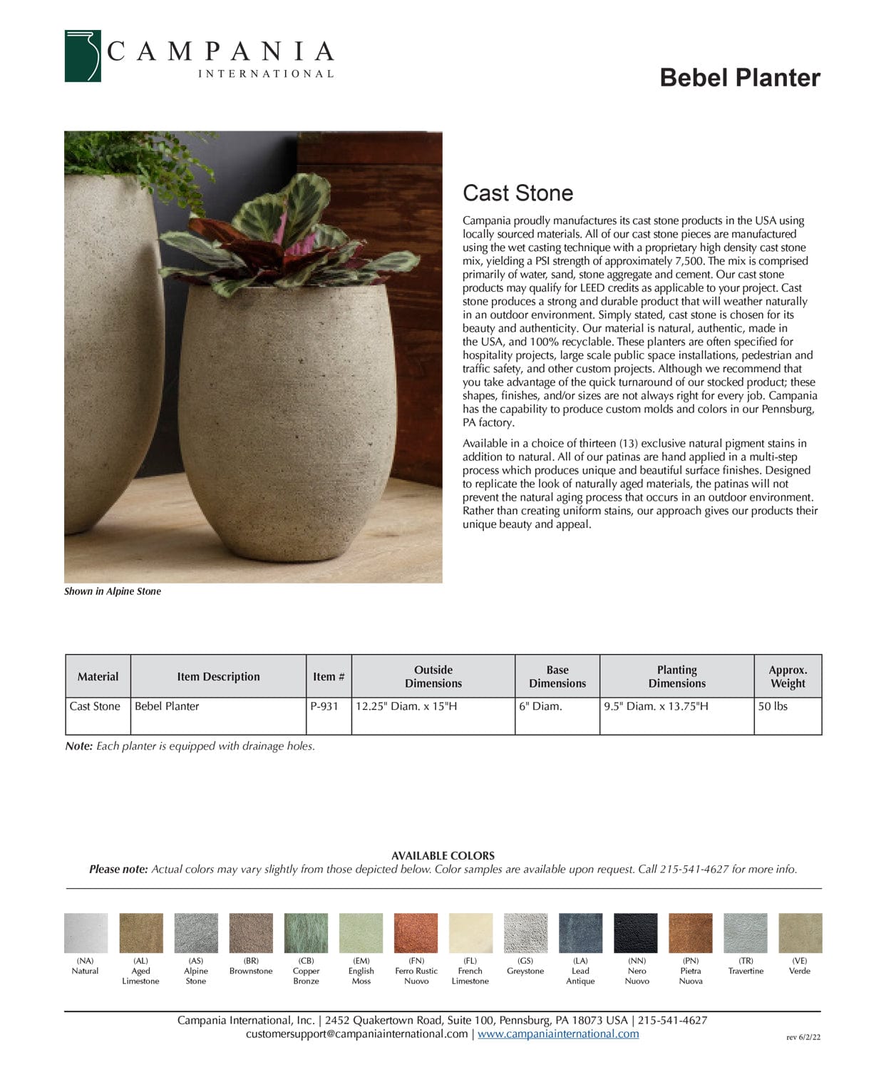 Bebel Cast Stone Planter Specs