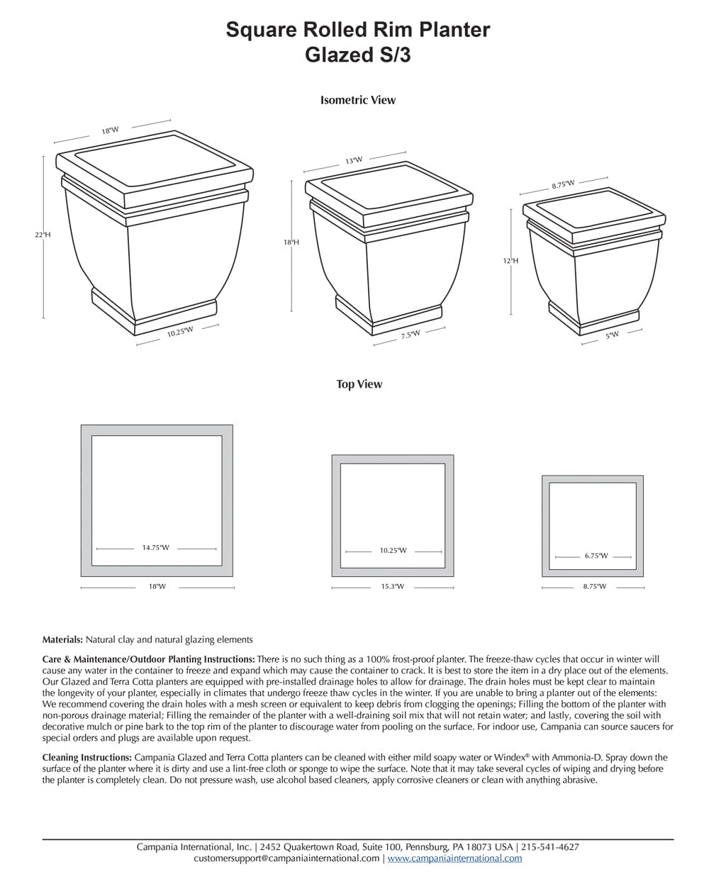Square Rolled Rim Planter Nested Set of 3 | Glazed Collection