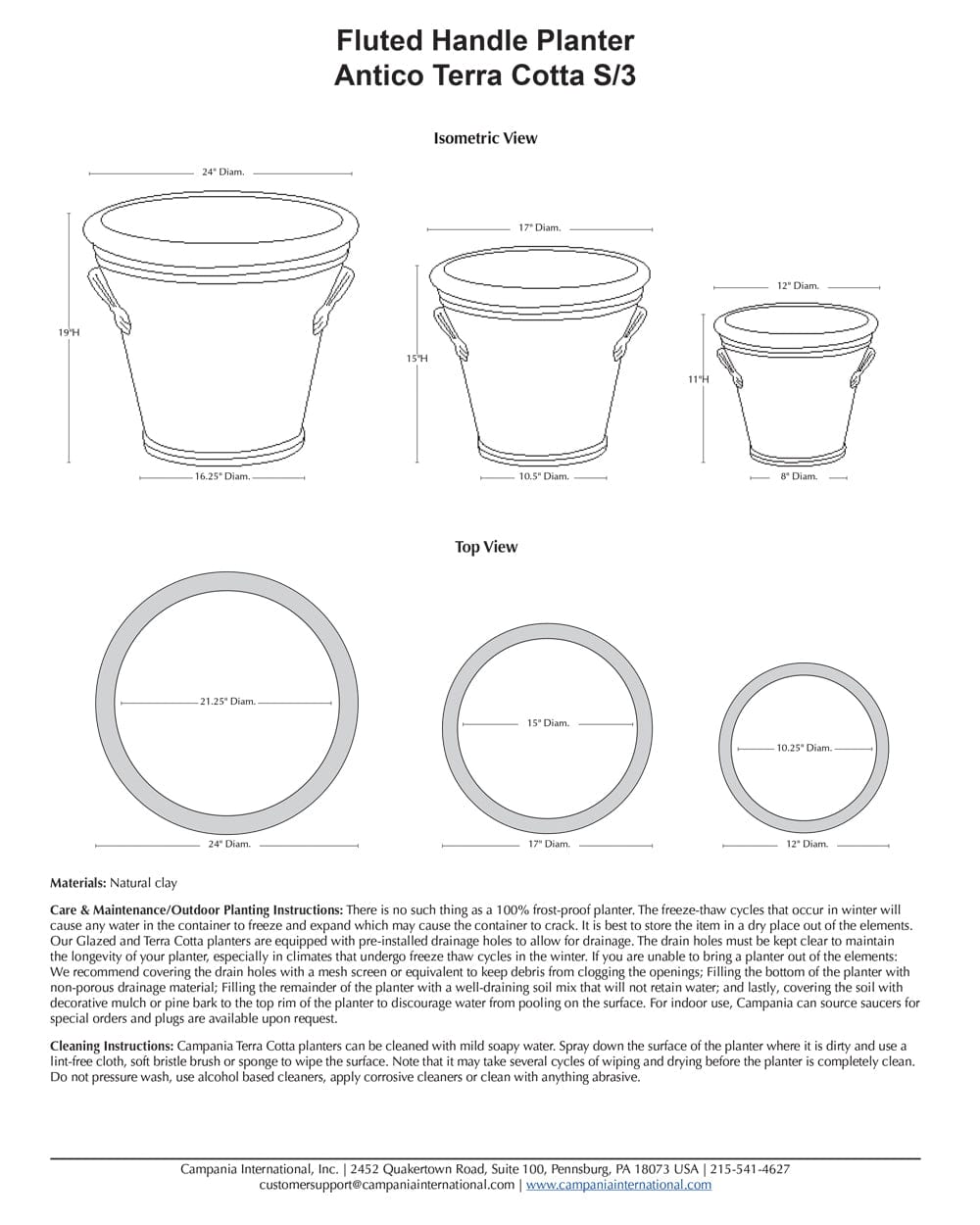 Fluted Handle Planter Nested Set of 3 | Terra Cotta Collection