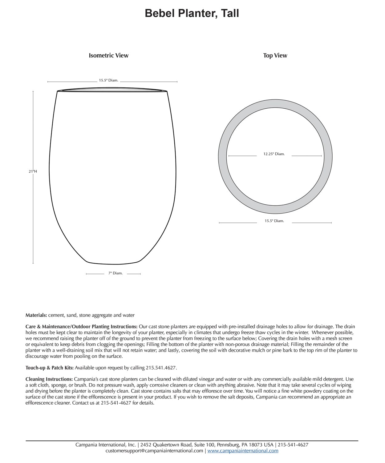Bebel Tall Cast Stone Planter Specs