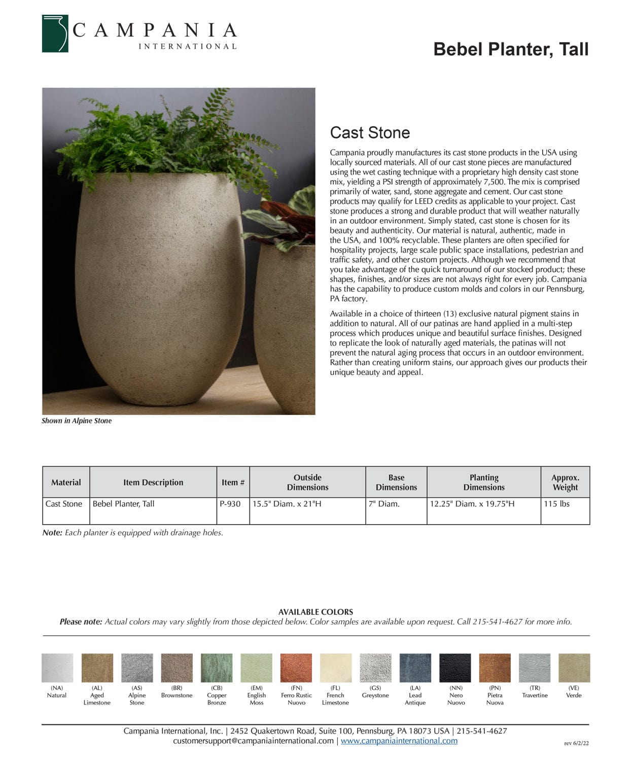 Bebel Tall Cast Stone Planter Specs