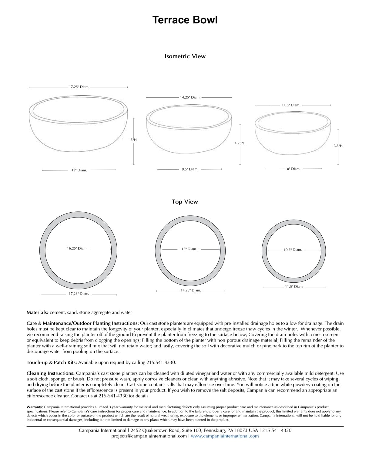 Terrace Bowl | Cast Stone Planter Specs