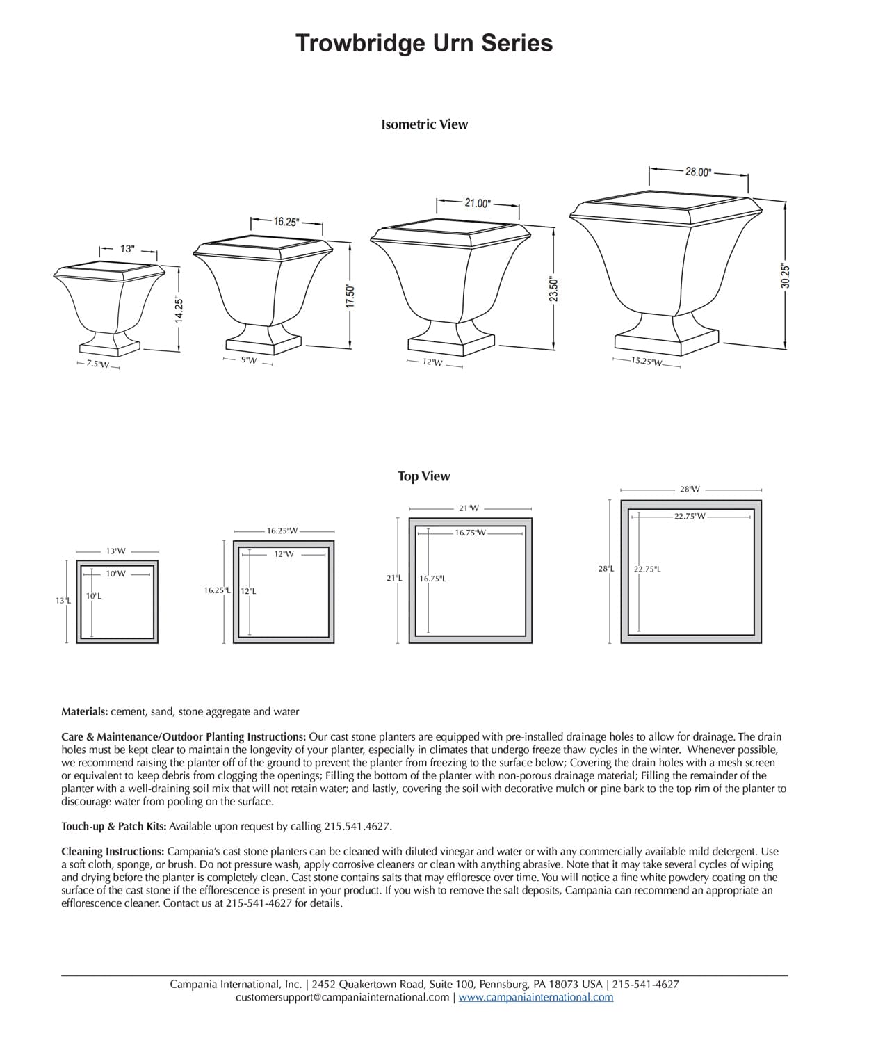 Trowbridge Urn Cast Stone Planter Series Specs