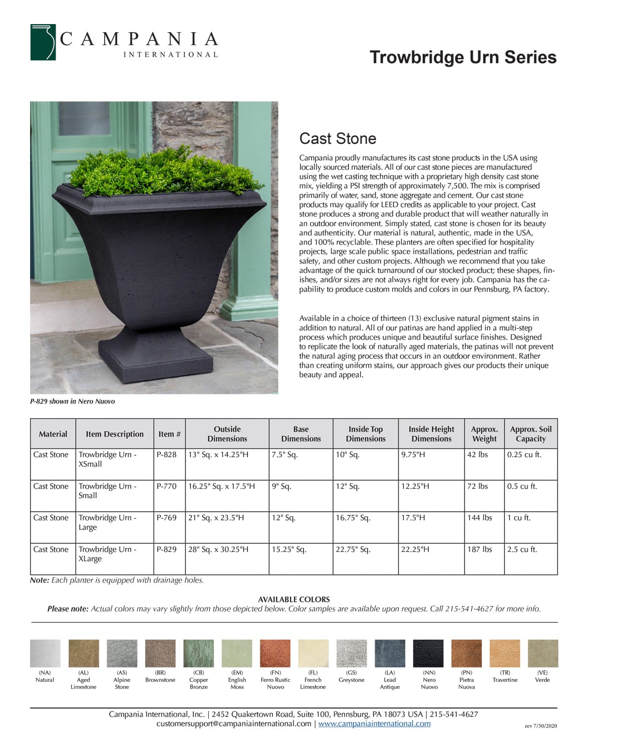 Trowbridge Urn Cast Stone Planter Series Specs
