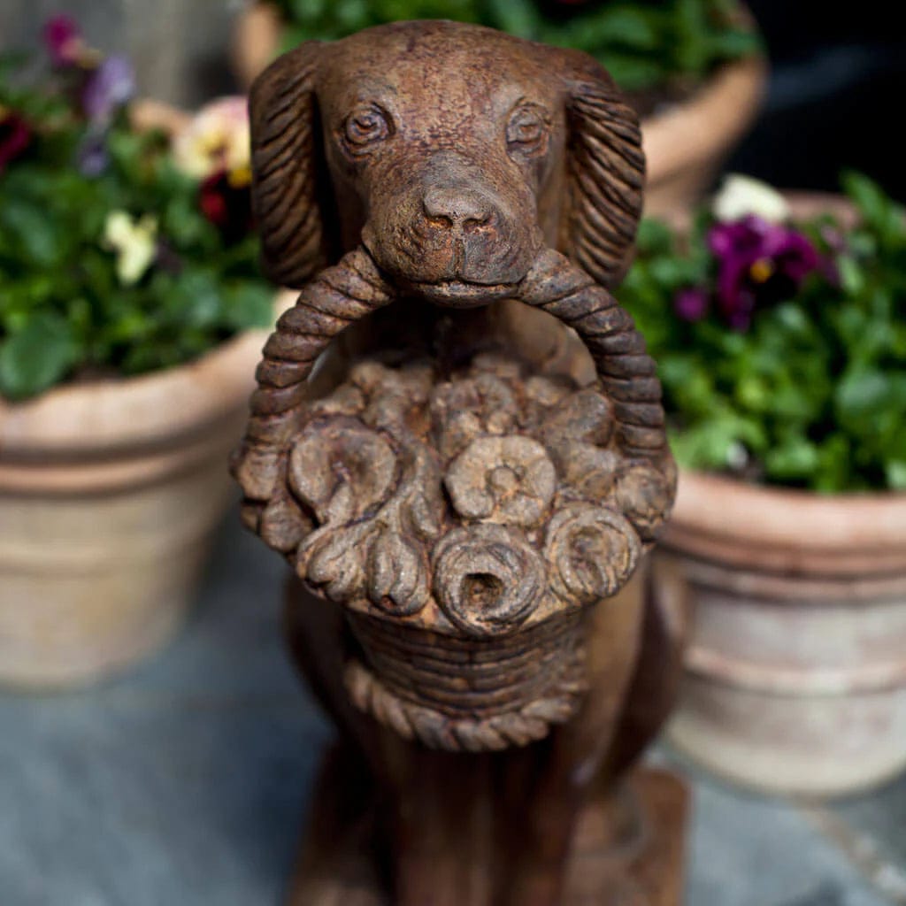 Vintage Dog With Basket Cast Stone Garden Statue
