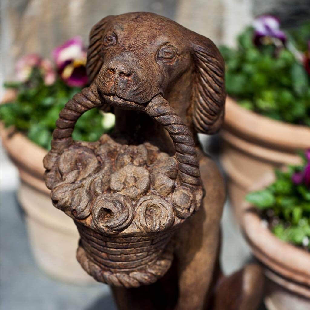 Vintage Dog With Basket Cast Stone Garden Statue
