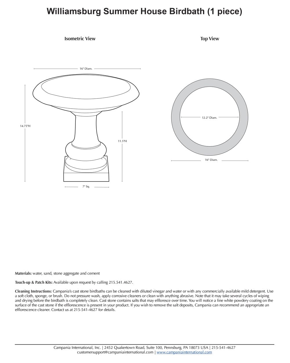 Williamsburg Summer House Cast Stone Birdbath