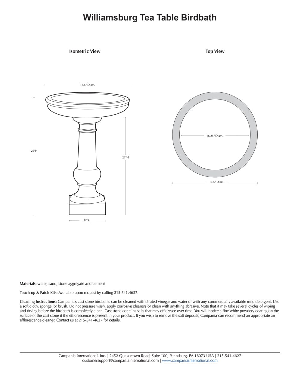 Williamsburg Tea Table Cast Stone Birdbath