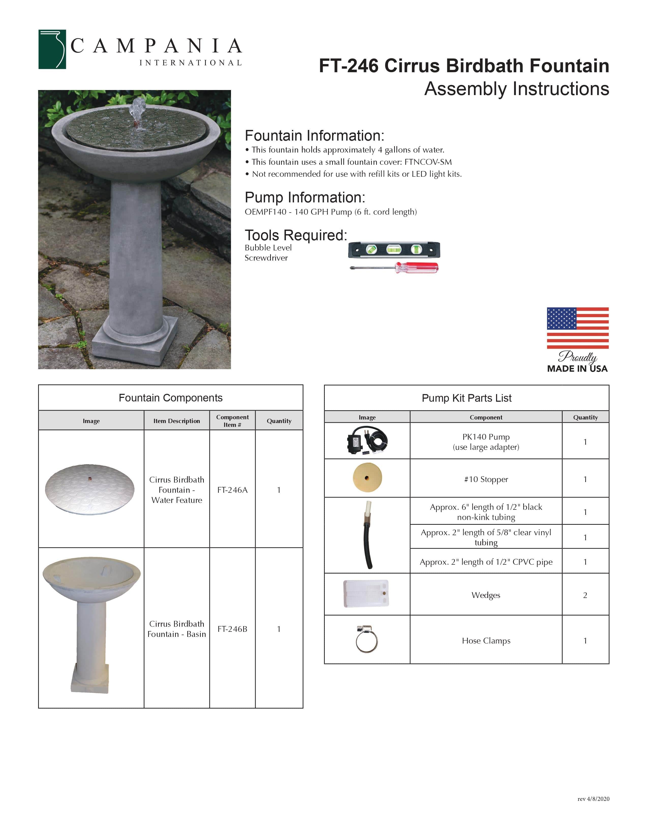 Cirrus Birdbath Water Fountain - Outdoor Art Pros