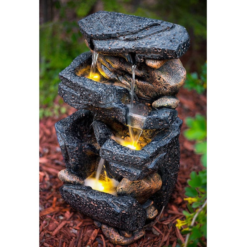 20" Lassen Stone Waterfall Rock Fountain with LED Lights - Outdoor Art Pros