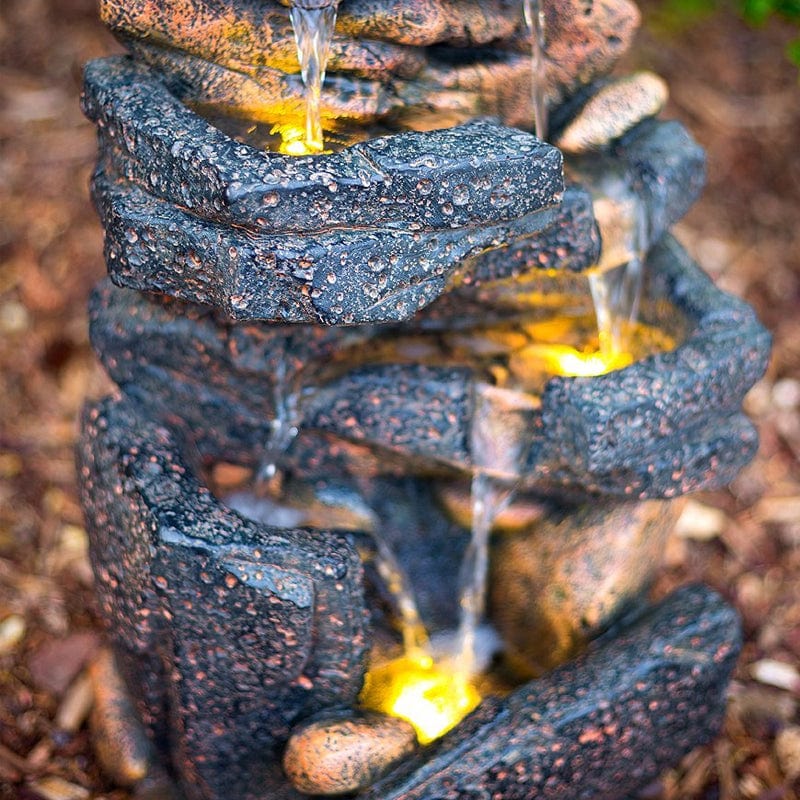 20" Lassen Stone Waterfall Rock Fountain with LED Lights - Outdoor Art Pros