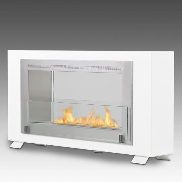 Eco-Feu Montreal 2-Sided Biofuel Fireplace In Gloss White and Stainless Steel Interior - Outdoor Art Pros
