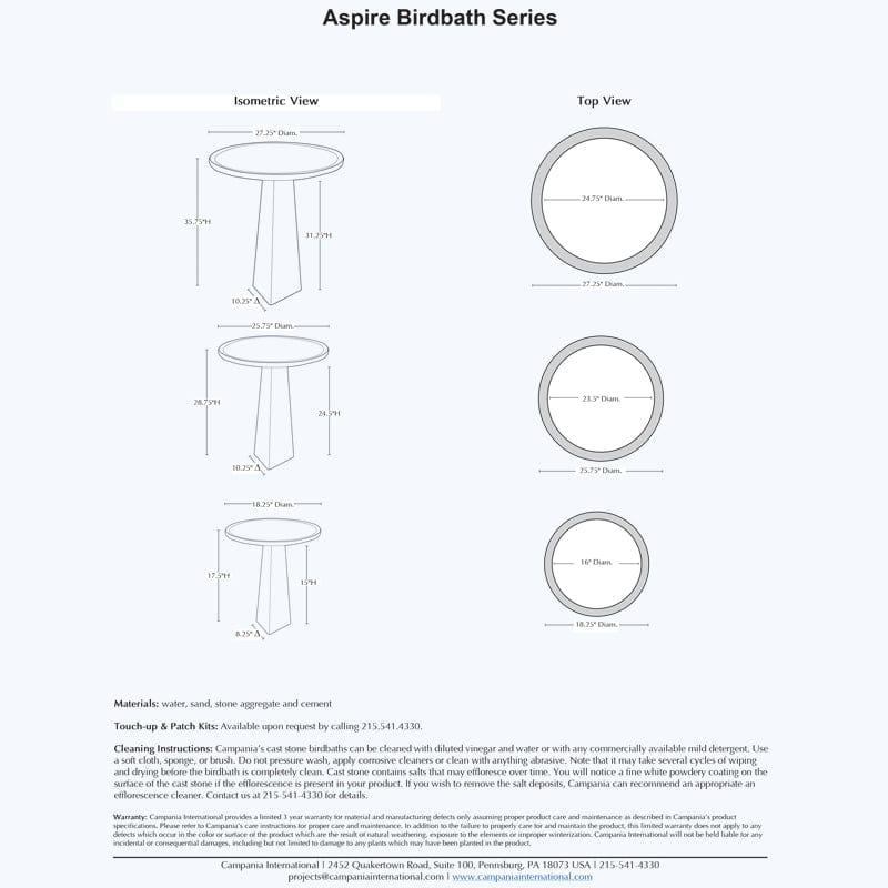Aspire Birdbath Series Specs - Outdoor Art Pros