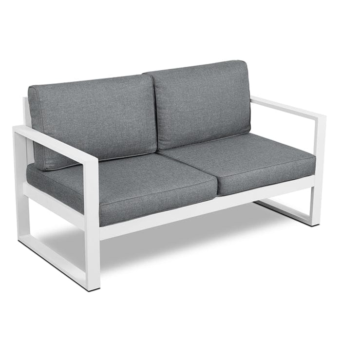 Baltic Outdoor Love Seat- White Frame with Gray Cushions - Outdoor Art Pros
