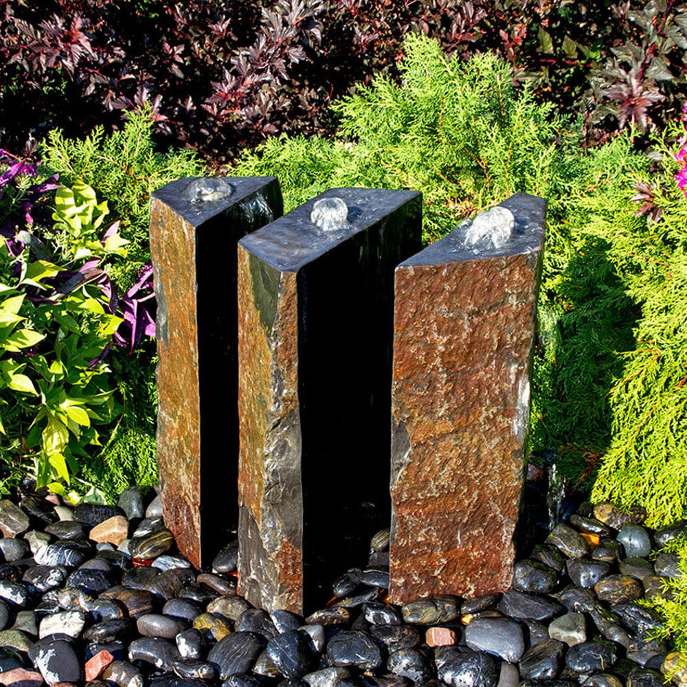 36" Triple Split Polished Basalt Stone Outdoor Fountain - 3 Piece - Outdoor Art Pros