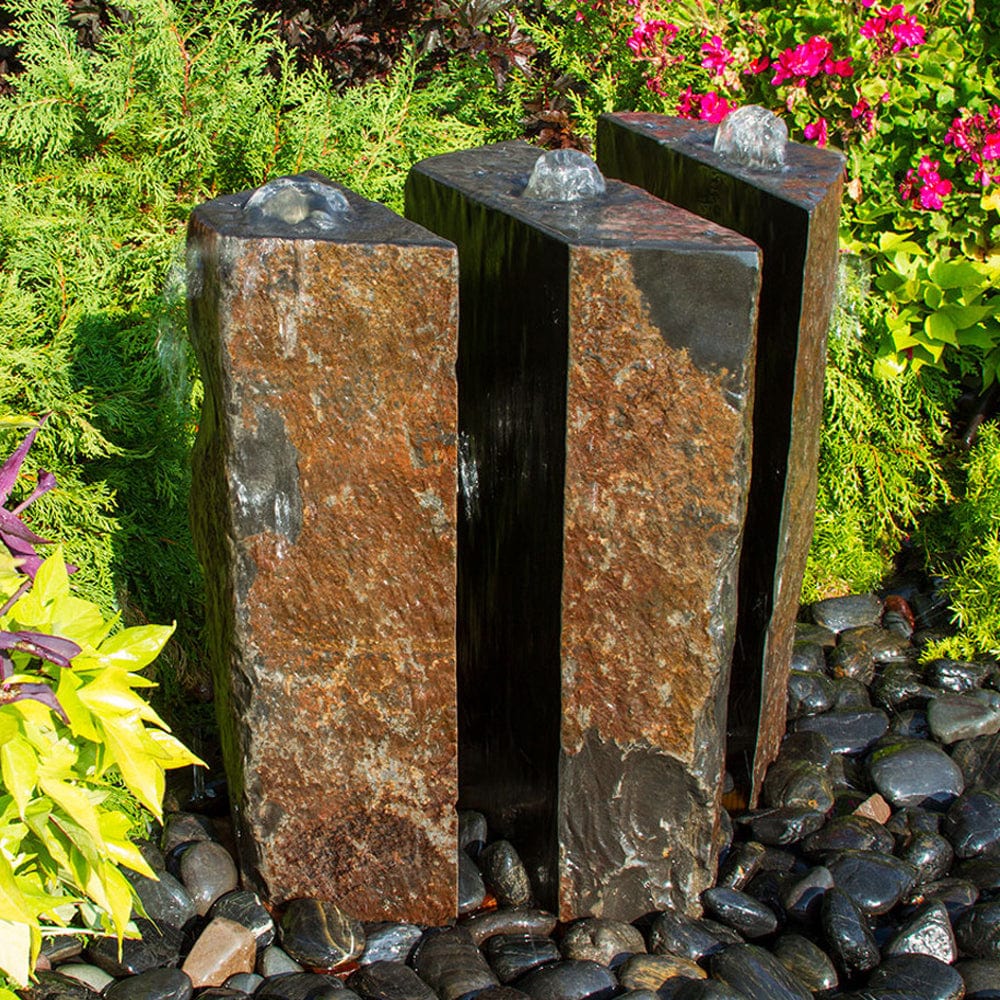 36" Triple Split Polished Basalt Stone Outdoor Fountain - 3 Piece - Outdoor Art Pros