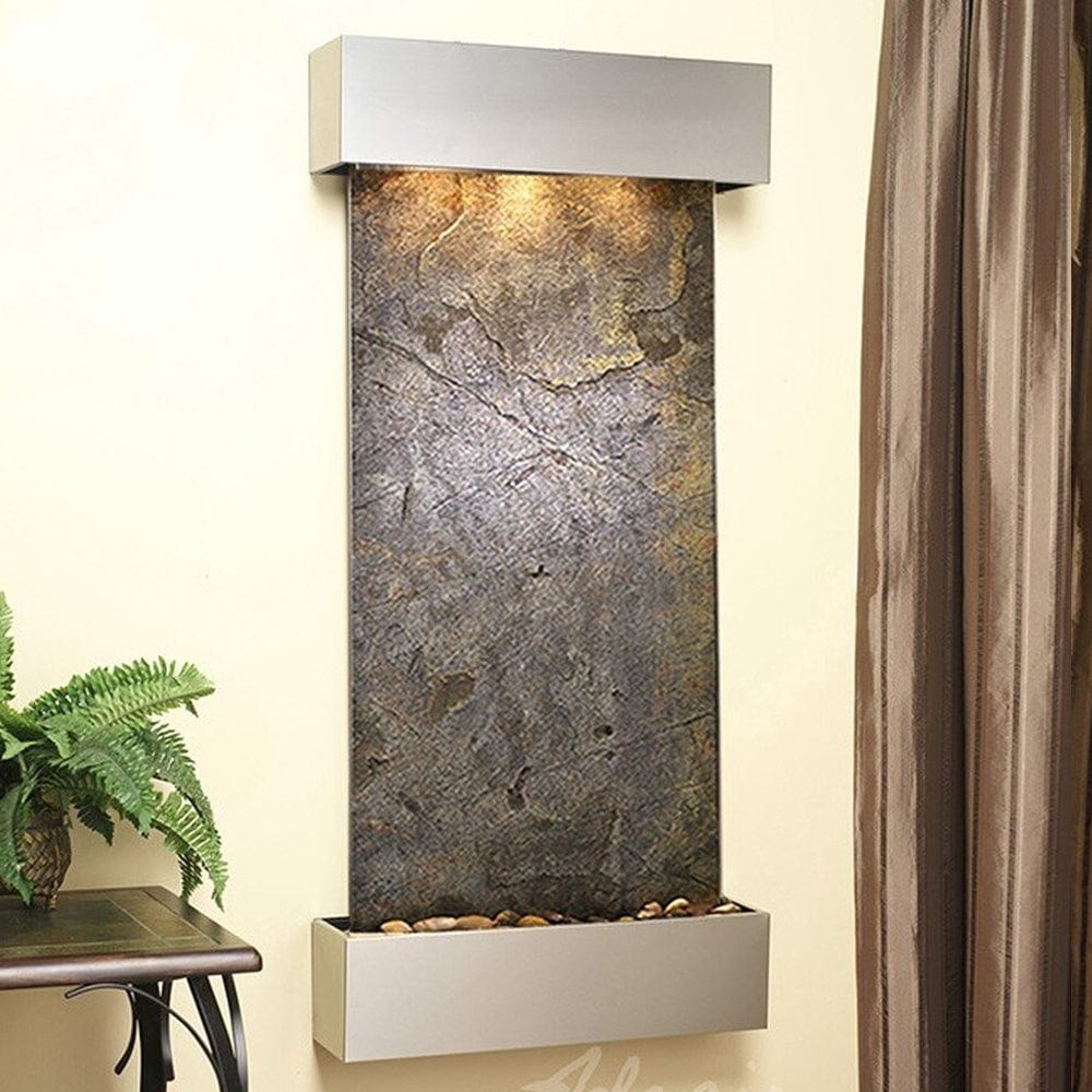 Cascade_Springs_Stainless_Steel_with_Squared_Corners_and_Green_Feather_Stone_Slate - Outdoor Art Pros
