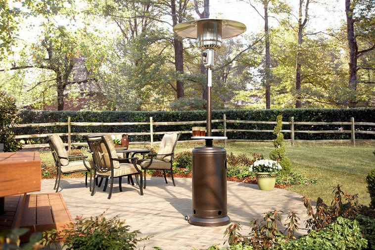 87" Tall Hammered Bronze Outdoor Patio Heater with Table - Outdoor Art Pros