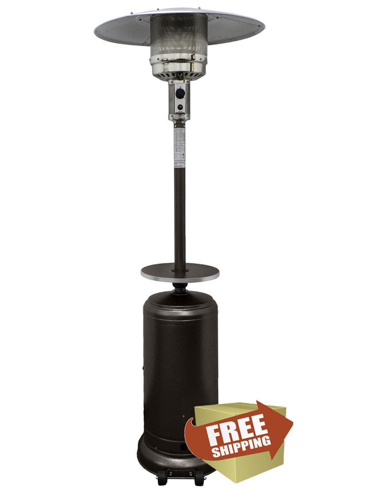87" Tall Hammered Bronze Outdoor Patio Heater with Table - Outdoor Art Pros