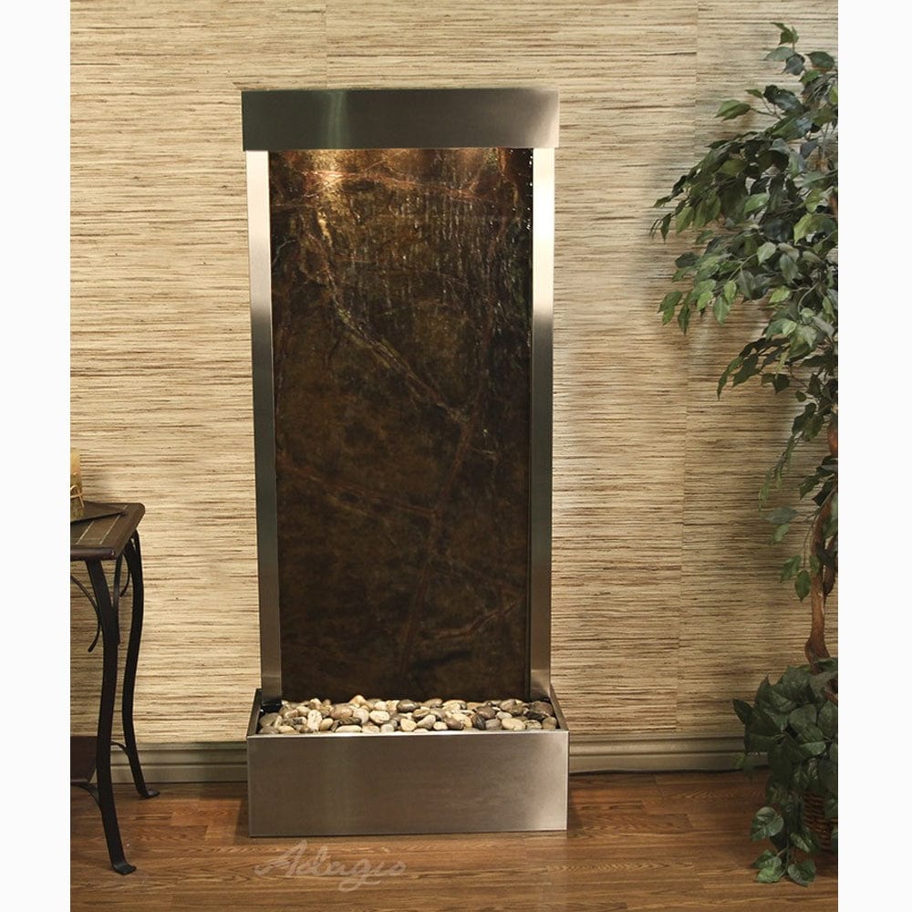 HarmonyRiver_FlushMountedTowardsRearOfTheBase_-RainforestGreenMarble-StainlessSteel-White -Outdoor Art Pros