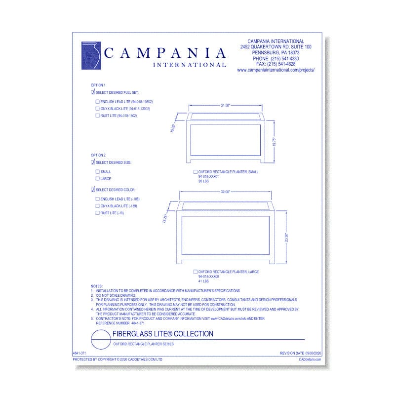 Oxford Rectangle Planter Specs - Outdoor Art Pros