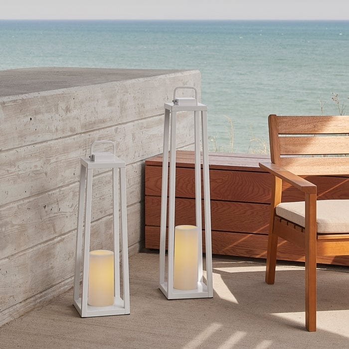 Redvale 32" Lantern with Flameless Candle in White by Real Flame - Outdoor Art Pros