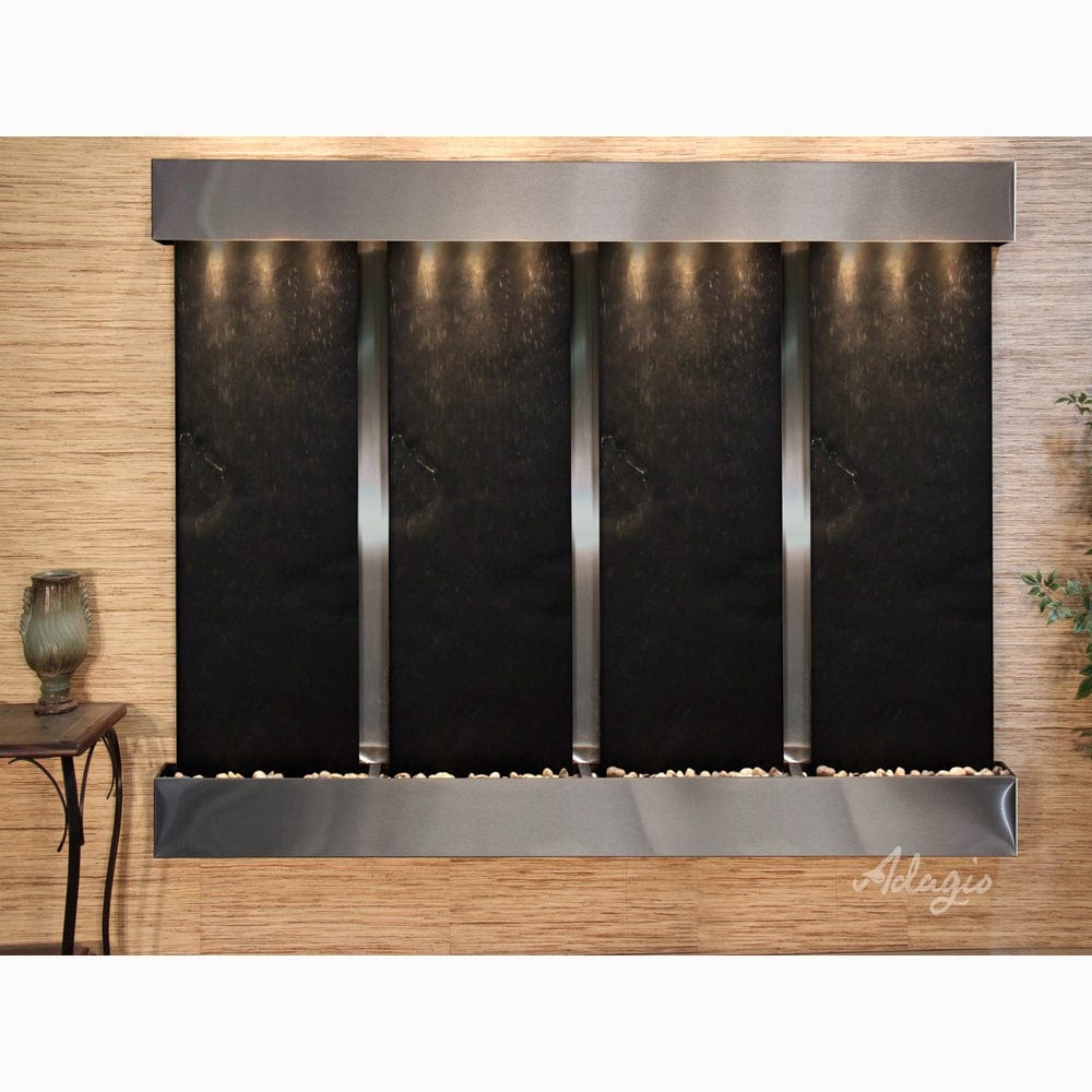 RegalFalls-BlackFeatherStone-StainlessSteel-Squared-WhiteLED - Outdoor Art Pros