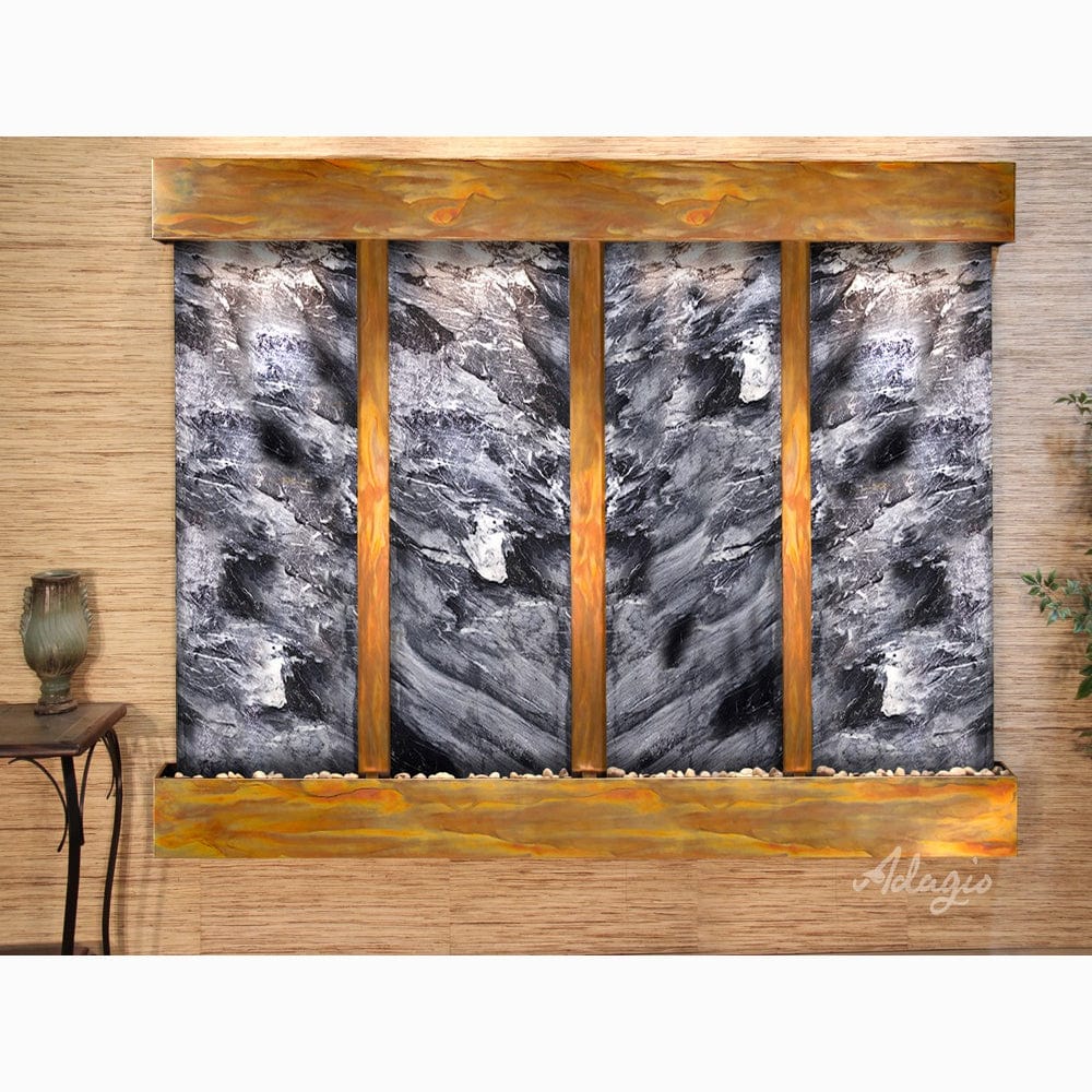 RegalFalls-BlackSpiderMarble-RusticCopper-Squared-WhiteLED - Outdoor Art Pros