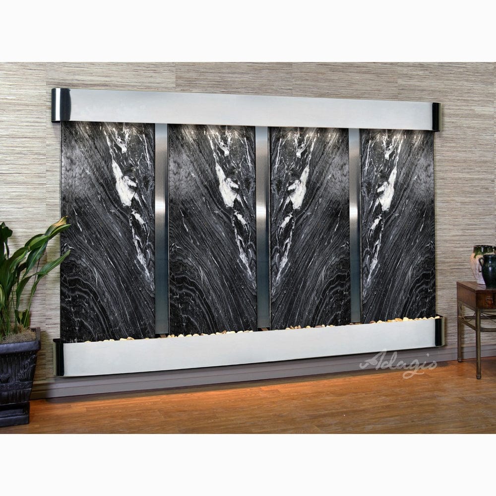 RegalFalls-BlackSpiderMarble-StainlessSteel-Rounded-WhiteLED - Outdoor Art Pros