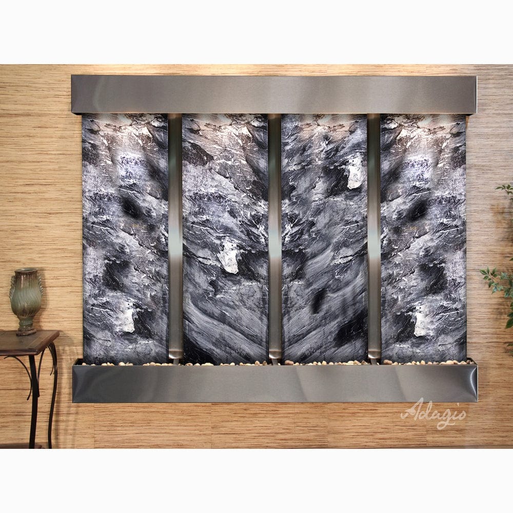 RegalFalls-BlackSpiderMarble-StainlessSteel-Squared-WhiteLED - Outdoor Art Pros