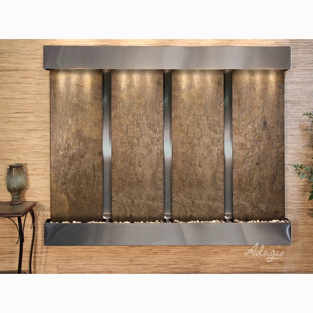 RegalFalls-GreenFeatherStone-StainlessSteel-Squared-WhiteLED - Outdoor Art Pros