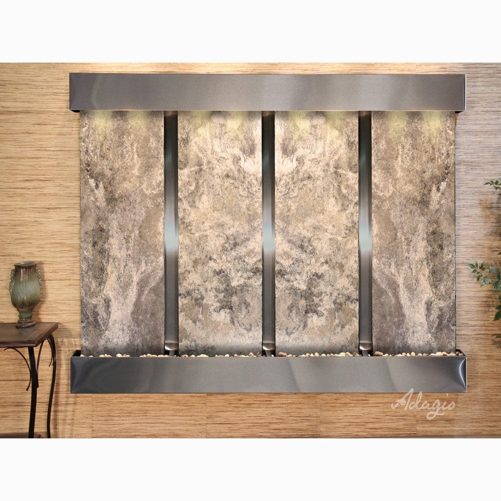 RegalFalls-MagnificoTravertine-StainlessSteel-Squared-WhiteLED - Outdoor Art Pros