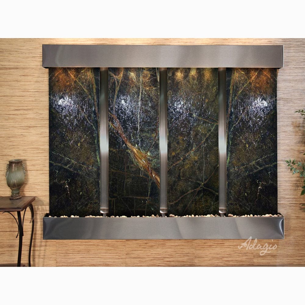 RegalFalls-RainforestGreenMarble-StainlessSteel-Squared-WhiteLED - Outdoor Art Pros